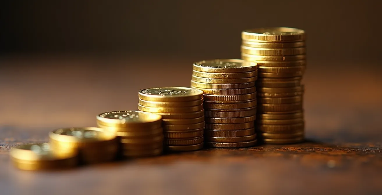 Pyramide de pièces dorées croissante sur surface en bois avec lumière dorée