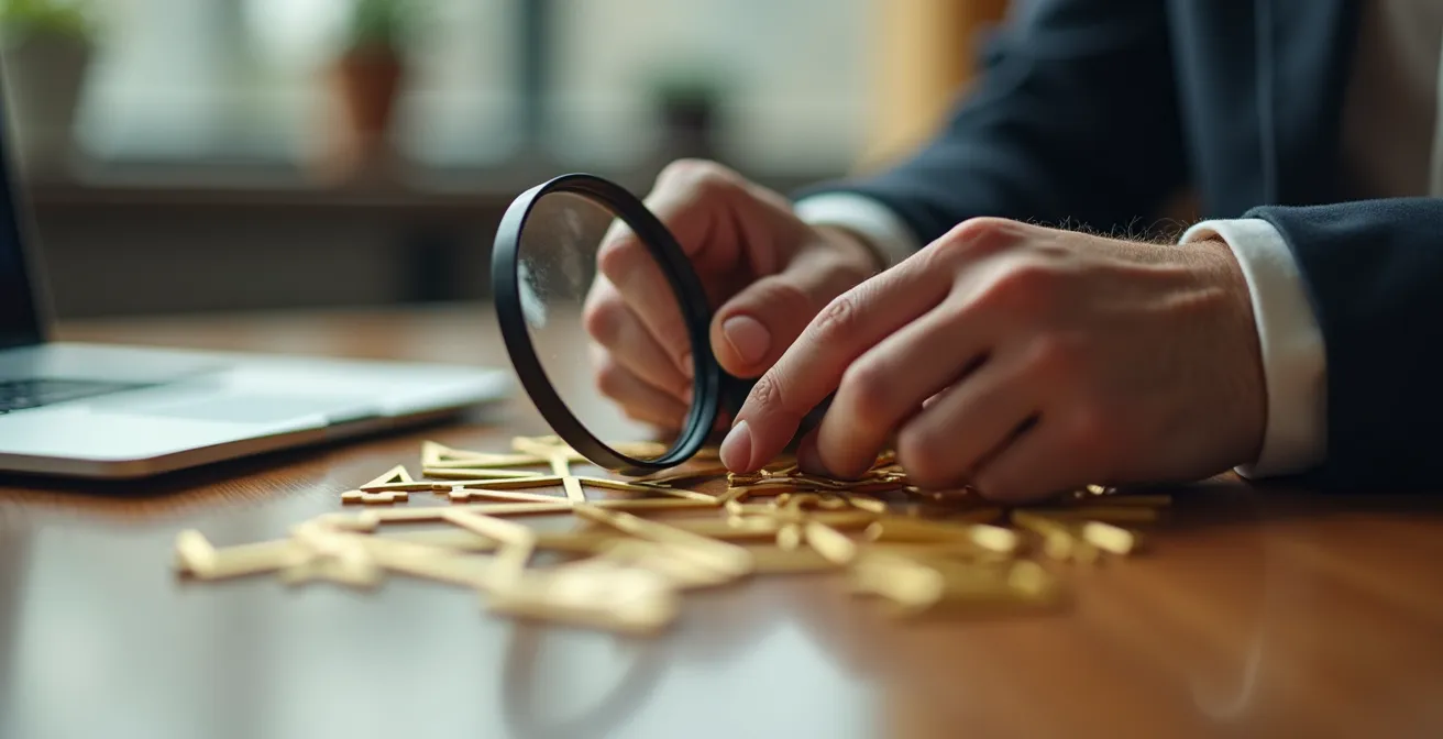 Mains tenant une loupe examinant des graphiques dorés sur table en bois