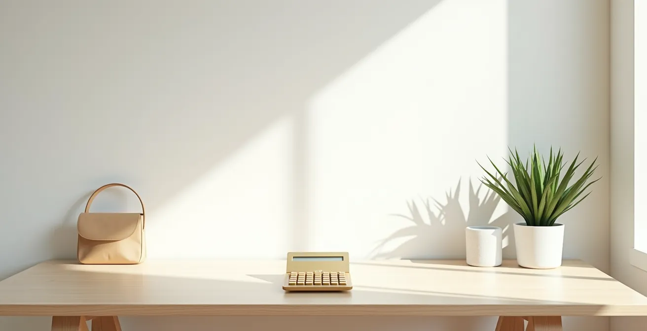 Bureau minimaliste avec calculatrice dorée et plante verte en lumière naturelle