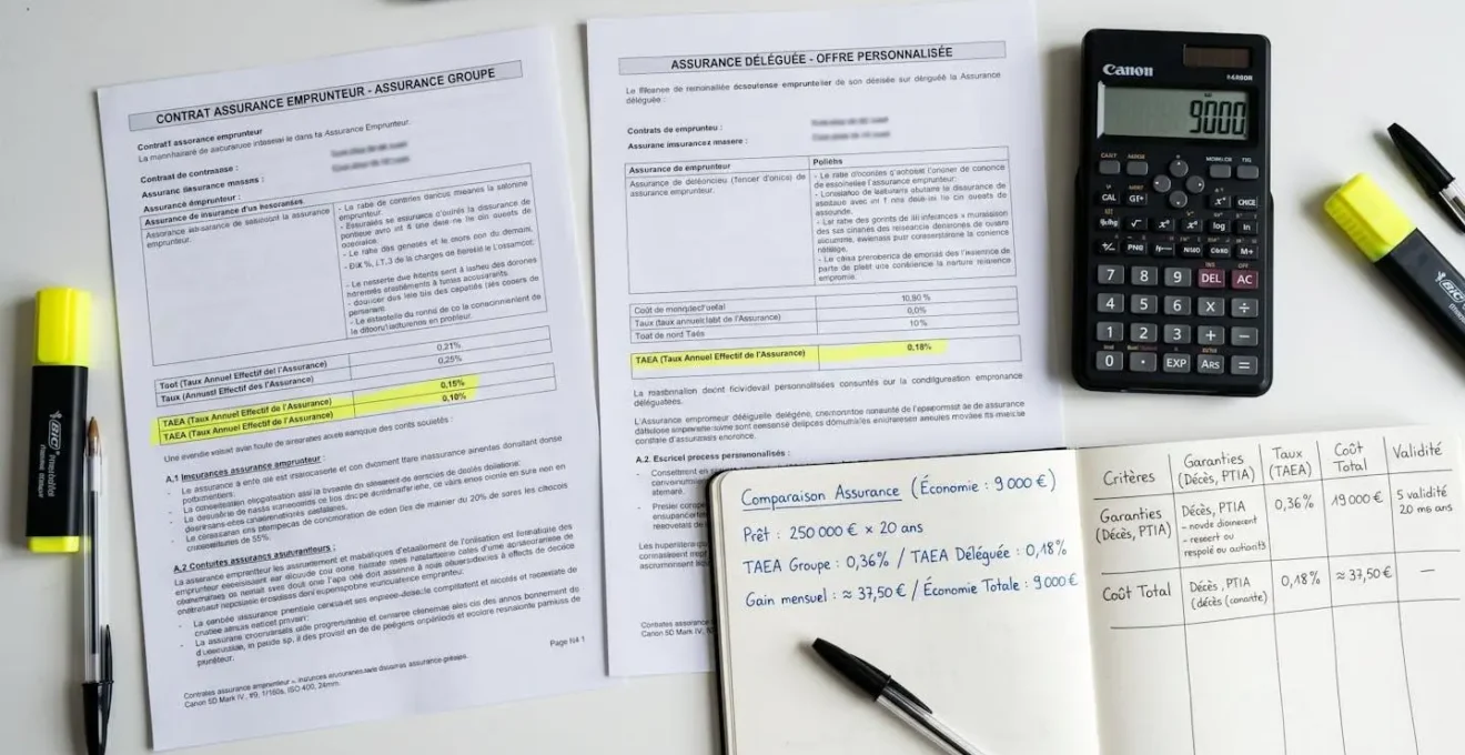 Comparaison de deux contrats d'assurance emprunteur français sur bureau avec surligneur marquant les taux TAEA et calculatrice affichant l'économie de 9000 euros