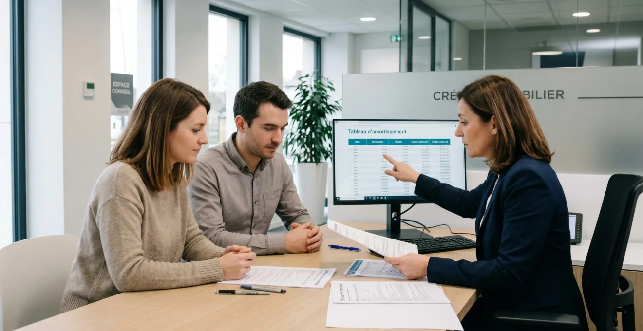 Couple consultant des documents de crédit immobilier avec une conseillère bancaire dans une agence contemporaine française, écran d'ordinateur affichant un tableau d'amortissement en français