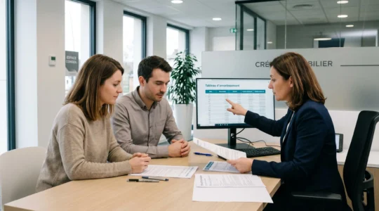 Couple consultant des documents de crédit immobilier avec une conseillère bancaire dans une agence contemporaine française, écran d'ordinateur affichant un tableau d'amortissement en français