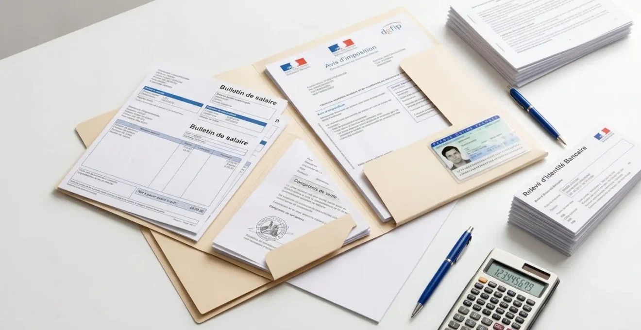 Documents officiels français pour dossier de crédit immobilier disposés sur bureau blanc : bulletins de salaire, avis d'imposition, compromis de vente, pièce d'identité et RIB