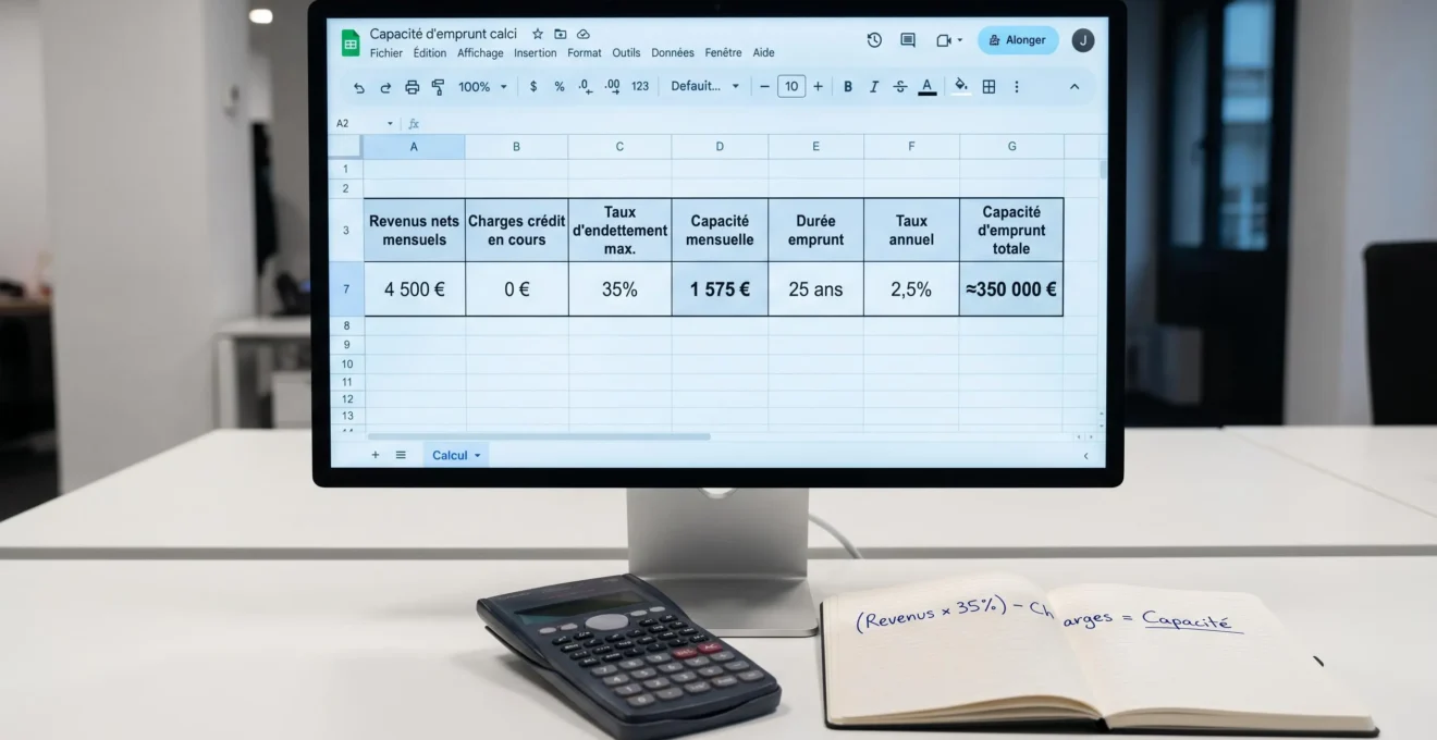 Écran d'ordinateur affichant un tableur en français avec calcul détaillé de capacité d'emprunt immobilier montrant revenus, taux d'endettement 35% et capacité totale de 350 000 euros