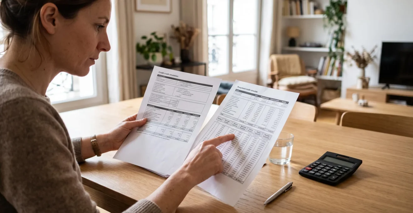Personne examinant deux propositions de prêt personnel et une calculatrice sur une table